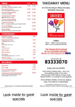 Scanned takeaway menu for 3 Roses Restaurant Indian Cuisine