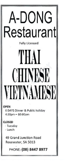 Scanned takeaway menu for A-Dong Restaurant