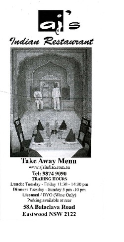 Scanned takeaway menu for AJ’s Indian Restaurant