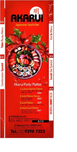 Scanned takeaway menu for Akarui Japanese Sushi Bar