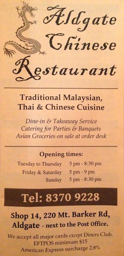 Scanned takeaway menu for Aldgate Chinese Restaurant