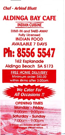 Scanned takeaway menu for Aldinga Bay Cafe