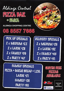 Scanned takeaway menu for Aldinga Central Pizza Bar