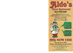 Scanned takeaway menu for Aldo’s Pizza Restaurant