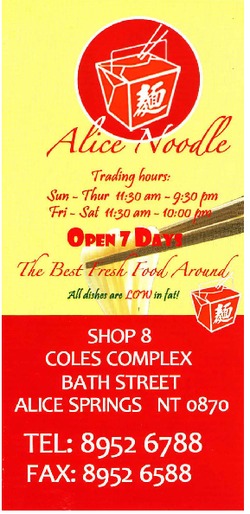 Scanned takeaway menu for Alice Noodle