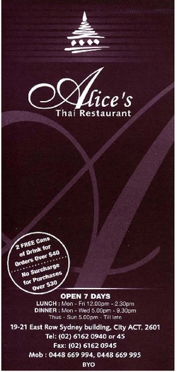 Scanned takeaway menu for Alice’s Thai
