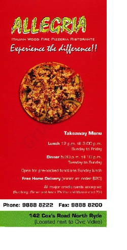 Scanned takeaway menu for Allegria Italian Wood Fire Pizzeria