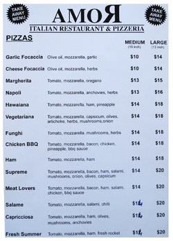 Scanned takeaway menu for Amor Ristorante & Pizzeria