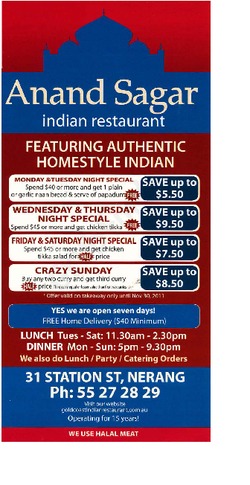 Scanned takeaway menu for Anand Sagar Indian Restaurant