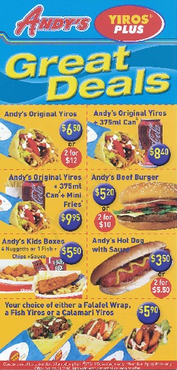 Scanned takeaway menu for Andy’s Yiros Plus