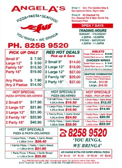 Scanned takeaway menu for Angela’s Pizza Pasta & Seafood