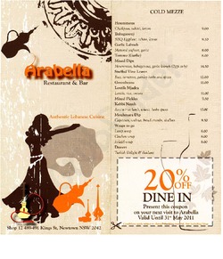 Scanned takeaway menu for Arabella Restaurant & Bar