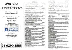 Scanned takeaway menu for Aroma Indian Cuisine
