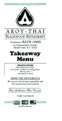 Scanned takeaway menu for Aroy Thai Restaurant