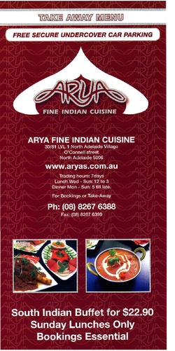 Scanned takeaway menu for Arya Fine Indian Cuisine