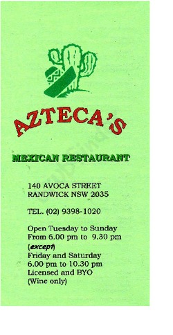 Scanned takeaway menu for Azteca’s Mexican Restaurant