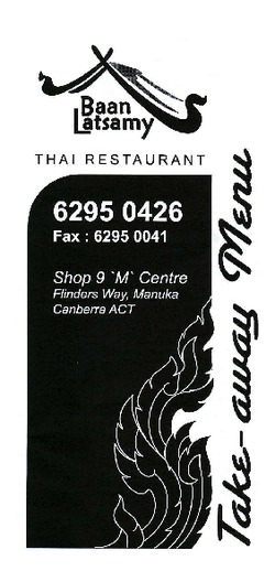 Scanned takeaway menu for Baan Latsmay Thai Restaurant