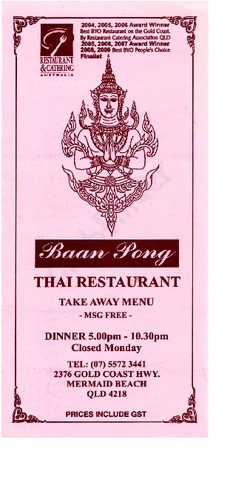 Scanned takeaway menu for Baan Pong Thai Resturant