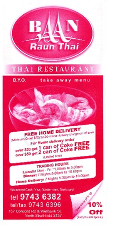 Scanned takeaway menu for Baan Raun Thai