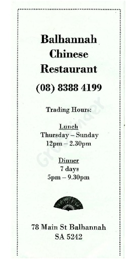 Scanned takeaway menu for Balhannah Chinese Restaurant