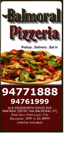 Scanned takeaway menu for Balmoral Pizzeria