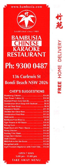 Scanned takeaway menu for Bambusia Chinese Restaurant