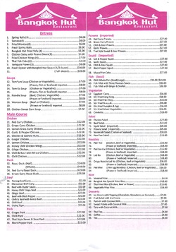 Scanned takeaway menu for Bangkok Hut Restaurant