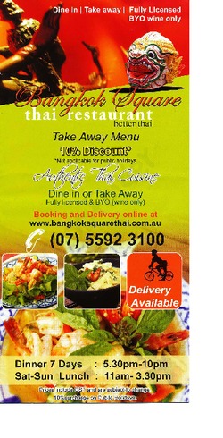 Scanned takeaway menu for Bangkok Square Thai Restaurant