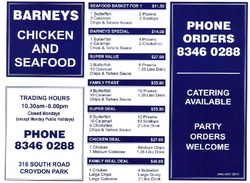 Scanned takeaway menu for Barneys Chicken and Seafood