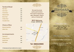 Scanned takeaway menu for Barossa Indian Cuisine – Permanently Closed