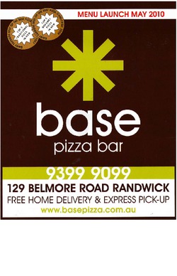 Scanned takeaway menu for Base Pizza Bar