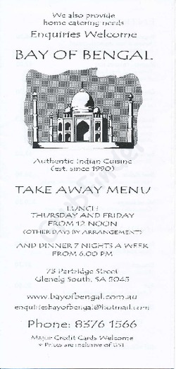 Scanned takeaway menu for Bay Of Bengal