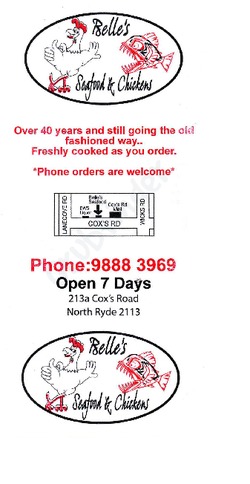 Scanned takeaway menu for Belle’s Seafood & Chickens