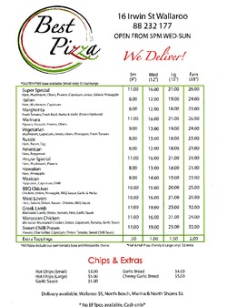 Scanned takeaway menu for Best Pizza