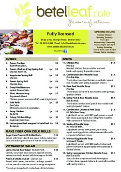 Scanned takeaway menu for Betel Leaf Cafe