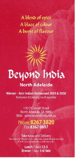 Scanned takeaway menu for Beyond India
