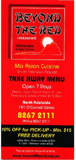 Scanned takeaway menu for Beyond The Red Restaurant