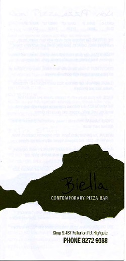 Scanned takeaway menu for Biella Contemporary Pizza Bar
