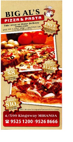Scanned takeaway menu for Big Als Pizza & Pasta