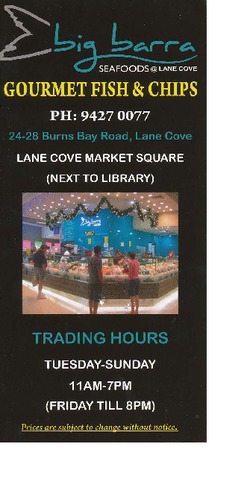 Scanned takeaway menu for Big Barra Seafoods – Lane Cove