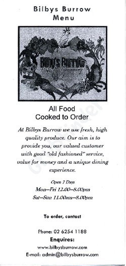 Scanned takeaway menu for Bilby’s Burrow