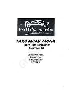 Scanned takeaway menu for Billi’s Cafe