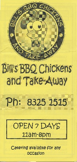 Scanned takeaway menu for Bills BBQ Chickens & Takeaway