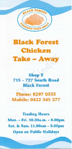 Scanned takeaway menu for Black Forest Chicken