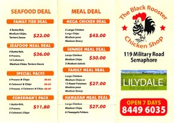 Scanned takeaway menu for The Black Rooster Chicken Shop