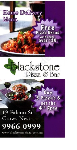 Scanned takeaway menu for Blackstone Pizza & Bar