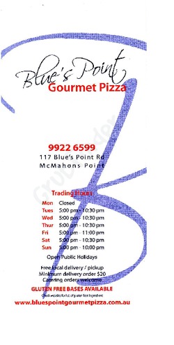 Scanned takeaway menu for Blue’s Point Gourmet Pizza