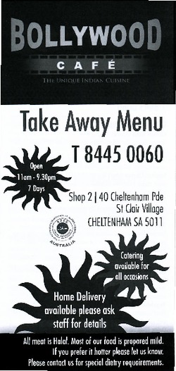 Scanned takeaway menu for Bollywood Cafe