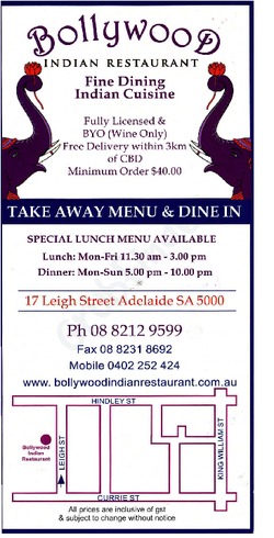 Scanned takeaway menu for Bollywood Indian Restaurant