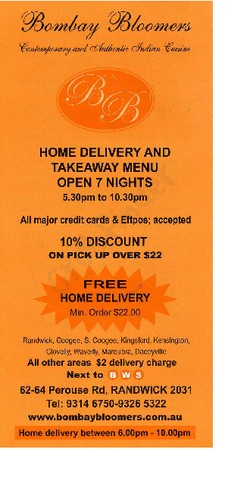 Scanned takeaway menu for Bombay Bloomers